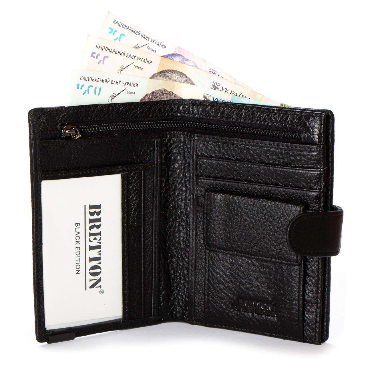 Чоловічий шкіряний гаманець портмоне гаманець матовий чорний на три для купюр монетниця на кнопці Bretton 168-35