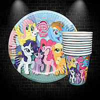 Набор посуды одноразовой Маленькие Пони на голубом для детского праздника 10 тарелок 10 стаканчиков