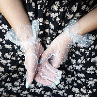 Женские перчатки в горошек, Фатиновые перчатки черные в горошек короткие, Перчатки сеточка в горошек Белый