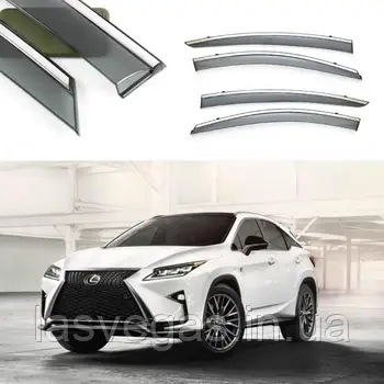 Дефлектори вікон з хром молдингом, вітровики Lexus RX 2015-2022 (нержавіюча смуга), фото 1