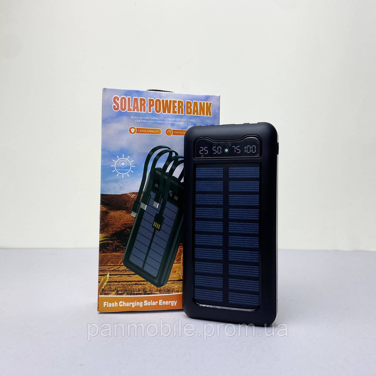 Power Bank Solar з кабелем USB+Micro+Type-C+Lightning (10000mAh) Чорний