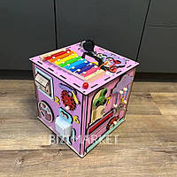 Бизикуб розовый 30*30*30 с логическими играми, бизиборд, бизидом, деревянный куб, бизикуб