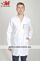 Медичний халат чоловічий Классік, білий з сірим, еліт коттон