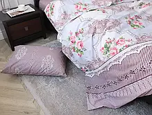 Двоколірна полуторна постільна білизна з трояндочками 150*220 з Бязі Gold бавовняна в стилі кантрі, Черешенька, фото 6