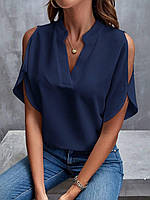 Роскошная темно-синяя блуза с v-образным вырезом, открытыми плечами, воротником-стойкой из легкого софта