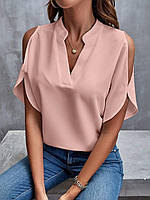 Роскошная пудровая блуза с v-образным вырезом, открытыми плечами, воротником-стойкой из легкого софта 48/50
