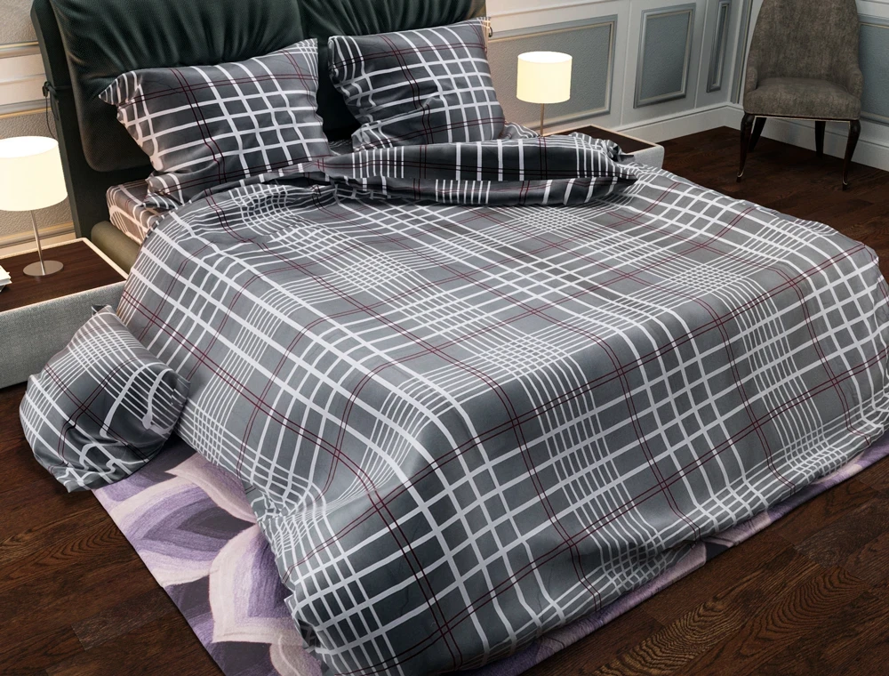 Сірий євро максі комплект постільної білизни в клітинку 200*220 з Бязі Gold бавовняний натуральний, Черешенька
