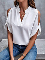 Роскошная белая блуза с v-образным вырезом, открытыми плечами, воротником-стойкой из легкого софта