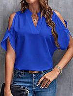 Роскошная ярко-синяя блуза с v-образным вырезом, открытыми плечами, воротником-стойкой из легкого софта