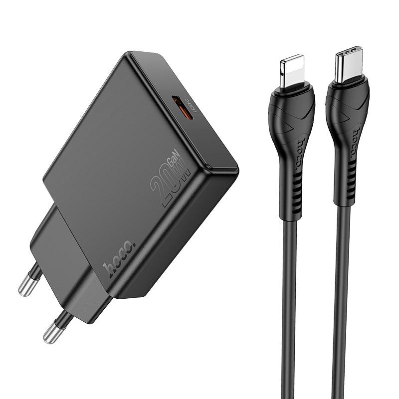 Адаптер мережевий HOCO Type-c to Lightning Delgado single port charger N37 |Type-C, 20W/3A, PD/QC| чорний, фото 1