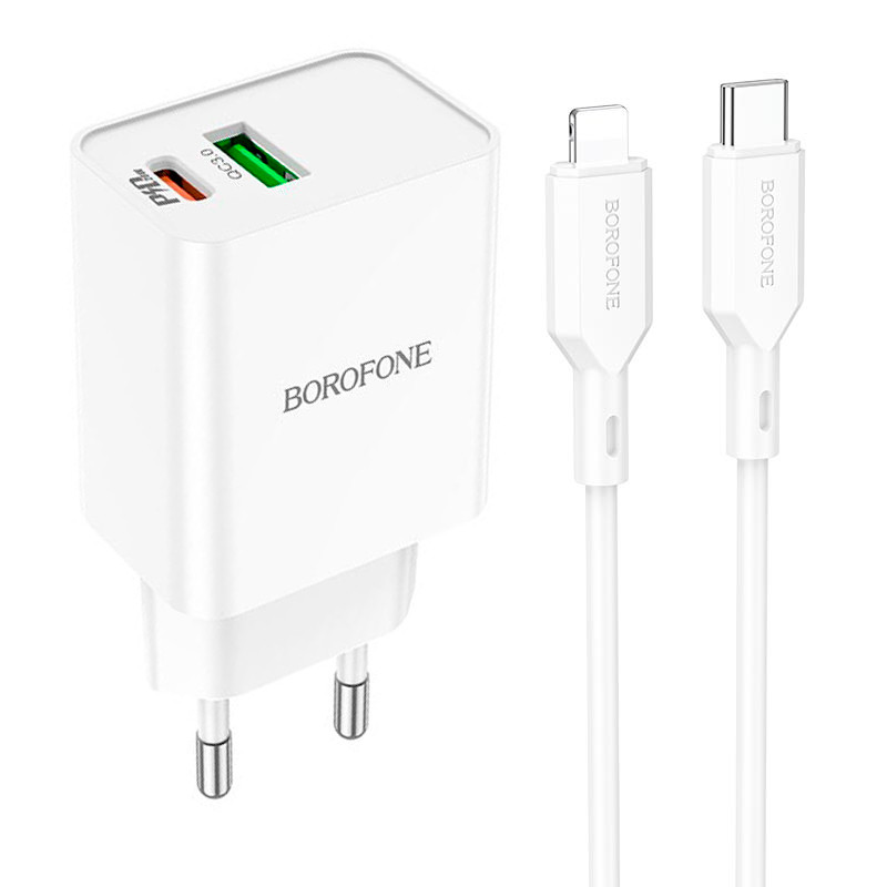 Адаптер мережевий BOROFONE Type-C to Lightning Cable Resource charger BA69A |1USB/1Type-C, 20W/3A, PD/QC| білий