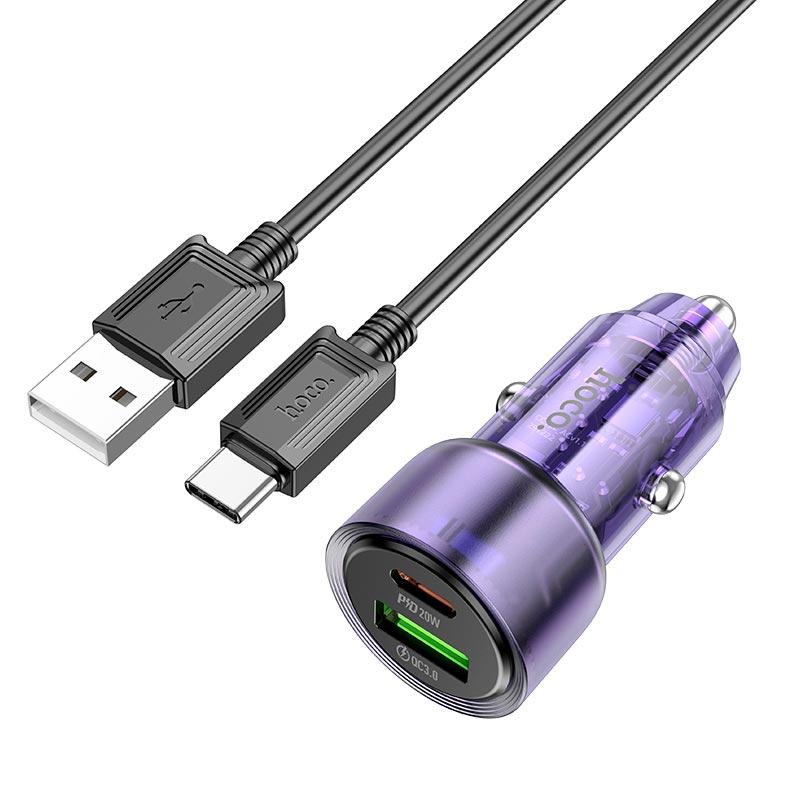 Адаптер автомобільний Hoco Type-C cable Spacious Car charger set Z52 |1USB/1Type-C, 38W/3A, PD/QC| фіолетовий