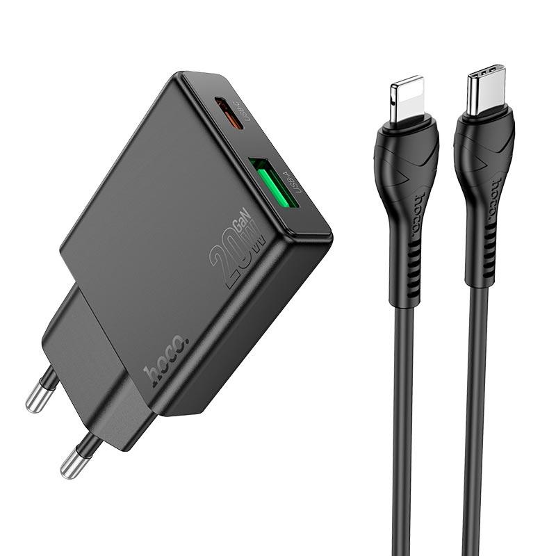 Адаптер мережевий HOCO Type-C to Lightning Delgado dual Port charger N38 |1USB/1Type-C, 20W/3A, PD/QC| чорний