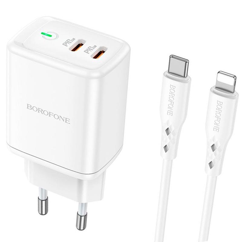 Адаптер мережевий BOROFONE Type-C to Lightning Cable Reacher dual Port charger set BN9 |2Type-C, 35W/3A, PD/QC| білий