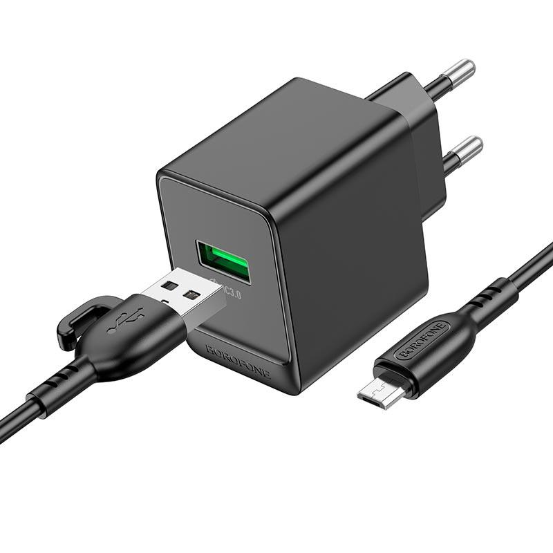 Адаптер мережевий Borofone Micro USB cable Erudite BAS12A |1USB, 18W/3A, QC3.0| чорний