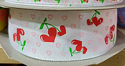 Репсова стрічка 4 см із малюнком "сердечка" біла, 1моточка = 50ярд