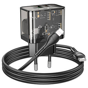 Адаптер мережевий HOCO Type-C to Lightning cable dazzling dual-port N34 |1USB/1Type-C, 20W/3A, PD/QC| прозорий