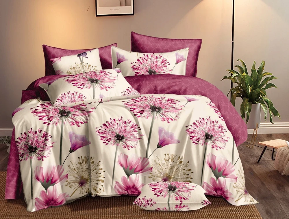 Двоколірний набір постільної білизни двоспальний рожевий 180*220 комбінований із Бязі Gold з великим принтом квіти, Черешенька