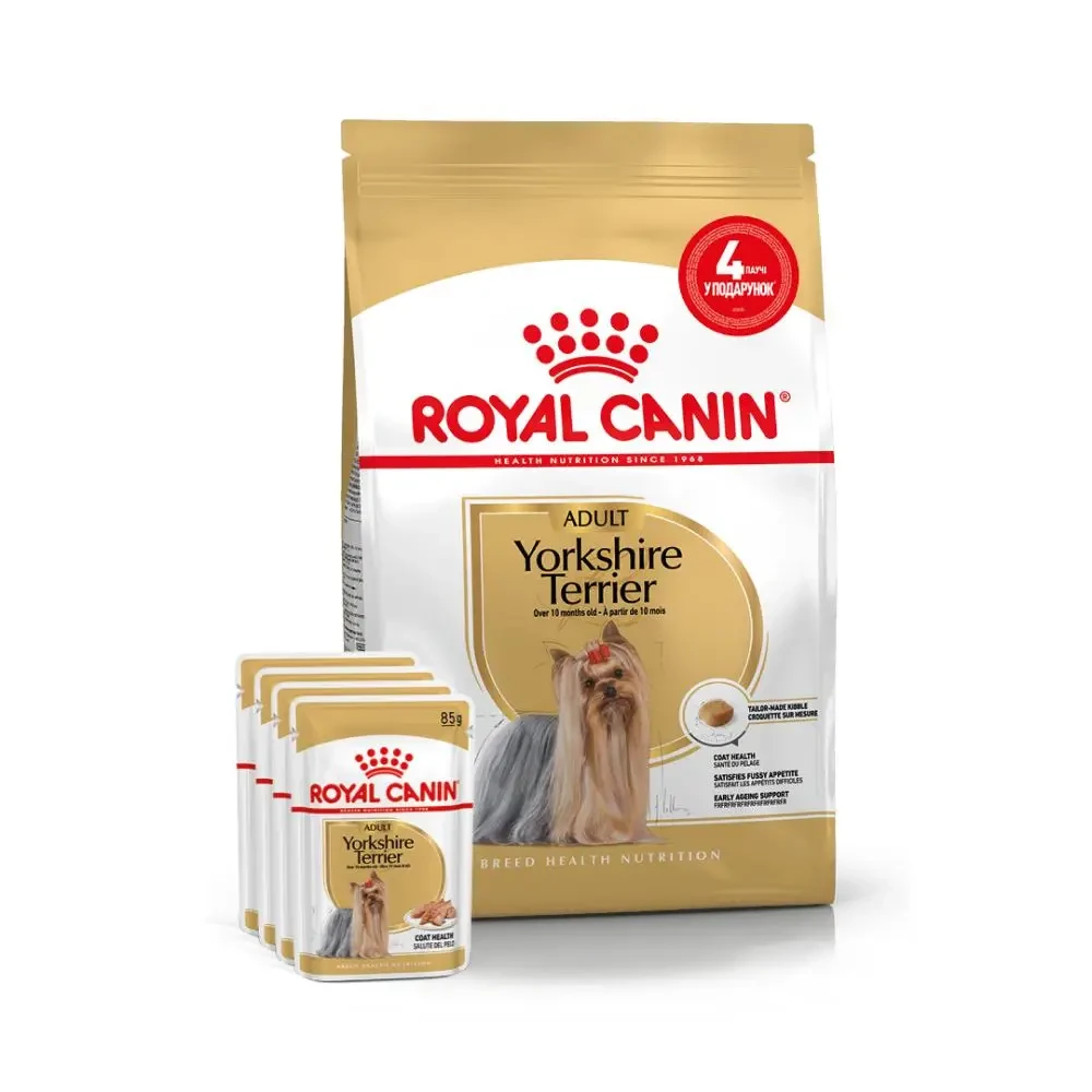 Набір корму для собак Royal Canin Yorkshire Terrier Adult 1,5 кг + 4 pouch вологого корму - домашня птиця