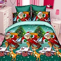 Зелений двоспальний набір постільної білизни 180*220 на різдво з принтом Санти з Бязі Gold Черешенка