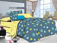 Сине-желтый двуспальный комплект постельного белья с мелкими цветами 180*220 из Бязи Gold Черешенка™