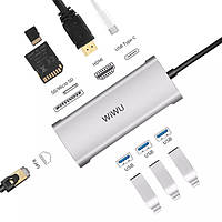 Адаптер WIWU Alpha 8 in 1 Hub A831HRT USB-C to 3xUSB3.0 1xType-C 1xSD 1xHDMI 1xMicro SD 1x RJ45 Hub gray