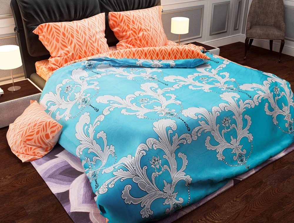 Комбінований Євро максі комплект двоколірної постільної білизни з класичним принтом Завитки 200*220 бязь Gold, Черешенька