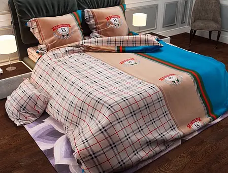 Стильний євро максі комплект постільної білизни в клітинку Burberry 200*220 бавовняний із Бязі Gold, Черешенька, фото 1