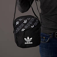 Мужская спортивная барсетка Adidas черная сумка через плечо. Сумка мессенджер Адидас белый лого
