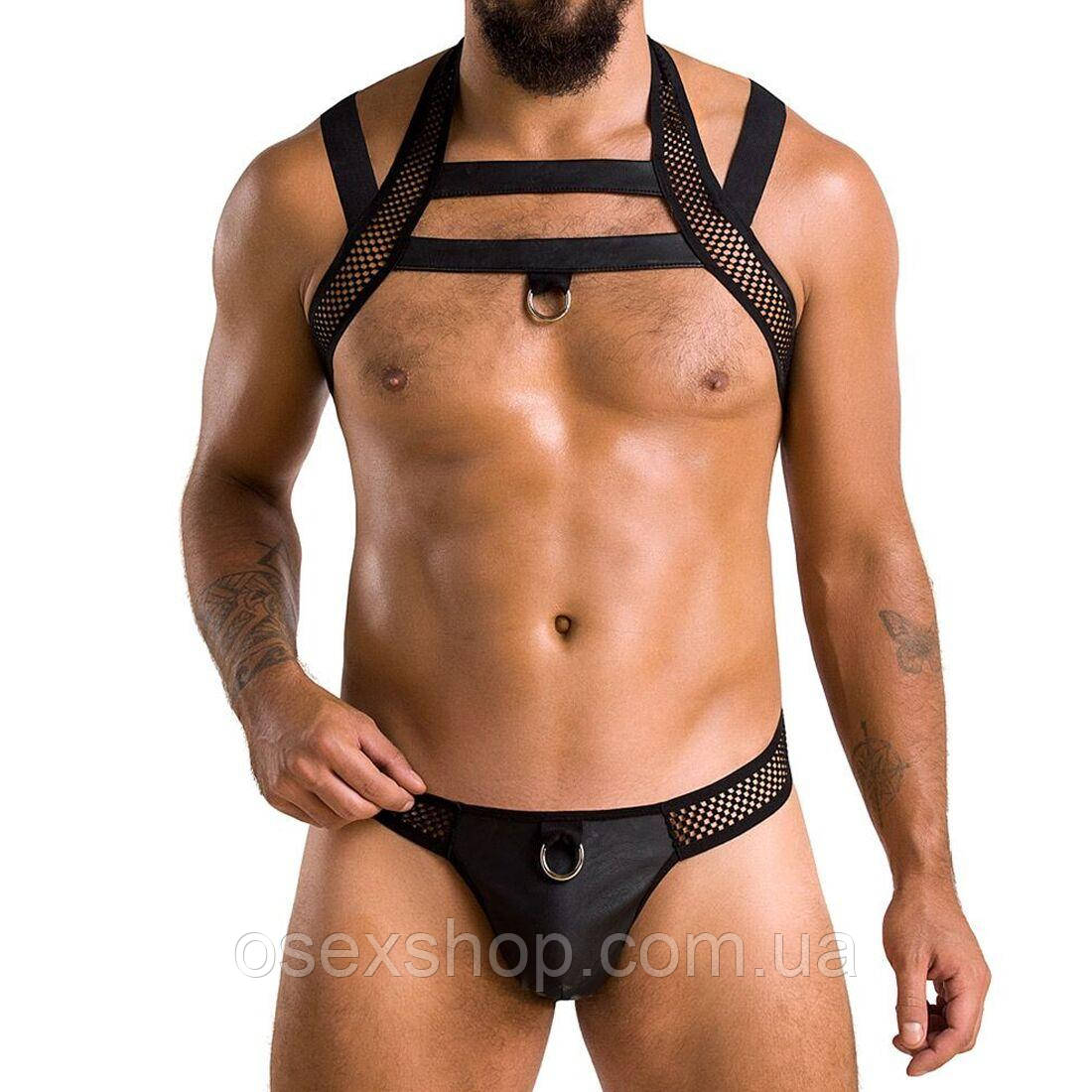Комплект чоловічої білизни з кріпленнями Passion 043 JACOB L/XL Black, труси, шлейка
