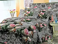 Серый семейный набор хлопкового постельного белья с цветочным рисунком розы из Бязи Gold от Черешенка