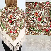 Роскошный украинский платок с этническим орнаментом Молочний120*120