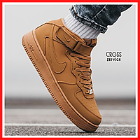 Кроссовки зимние мужские Nike air Force 1 Mid brown с мехом / Найк аир Форс 1 мид коричневые на меху