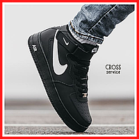 Кроссовки зимние мужские Nike Air Force 1 black с мехом / Найк аир Форс 1 хаки на меху