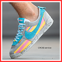 Кроссовки мужские Nike Cortez Reindbow Grey Blue Yellow Pink/ Найк Кортез серые замшевые