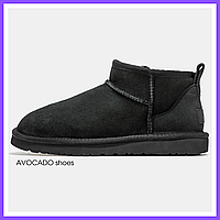 Чоботи зимові жіночі та чоловічі UGG Classic Ultra Mini Black з хутром / черевики УГГи міні чорні на хутрі