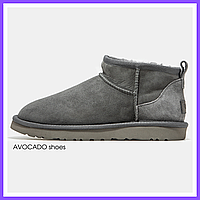 Чоботи зимові жіночі та чоловічі UGG Classic Ultra Mini Grey з хутром / черевики УГГи міні сірі на хутрі