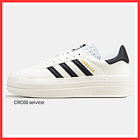 Кроссовки женские и мужские Adidas Gazelle Bold white black / кеды Адидас Газель болд белые с черным