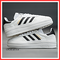 Кроссовки женские и мужские Adidas Gazelle Bold white black / кеды Адидас Газель болд белые с черным