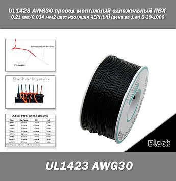 UL1423 AWG30 дріт монтажний одножильний ПВХ 0,24 мм/0.034 мм2 колір ізоляції ЧОРНИЙ (ціна за 1 м) B-30-1000