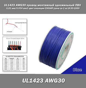 UL1423 AWG30 дріт монтажний одножильний ПВХ 0,24 мм/0.034 мм2 колір ізоляції СІВ (ціна за 1 м) B-30-1000