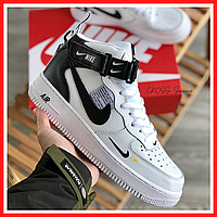 Кроссовки мужские Nike Air Force 1 Mid white black / Найк аир Форс белые черные высокие