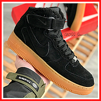 Кроссовки мужские зимние Nike Air Force 1 black с мехом / Найк аир Форс 1 черные мех