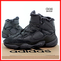 Кросівки зимові чоловічі Adidas Yeezy Boost 500 black з хутром / Адідас Ізі буст 500 чорні на хутрі