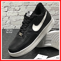 Кроссовки зимние женские и мужские Nike Air Force 1 black с мехом / кеды Найк аир Форс 1 черные на меху