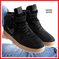 Кроссовки зимние мужские Nike Air Force 1 black с мехом / Найк аир Форс 1 черные на меху