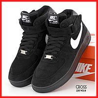 Кроссовки зимние мужские Nike Air Force 1 black с мехом / Найк аир Форс 1 черные на меху