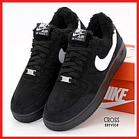 Кросівки зимові чоловічі Nike Air Force black з хутром / кеди Найк аір Форс чорні на хутрі