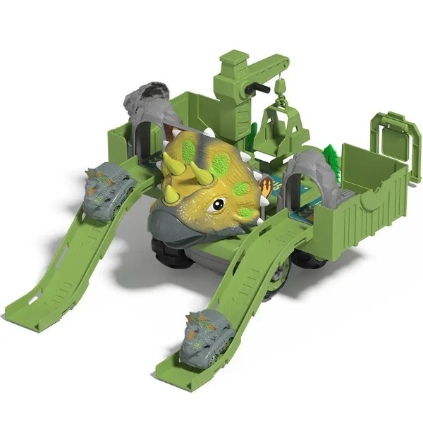 Трек гоночний Динозавр 4 машинки з краном Triceratops Зелений, фото 1