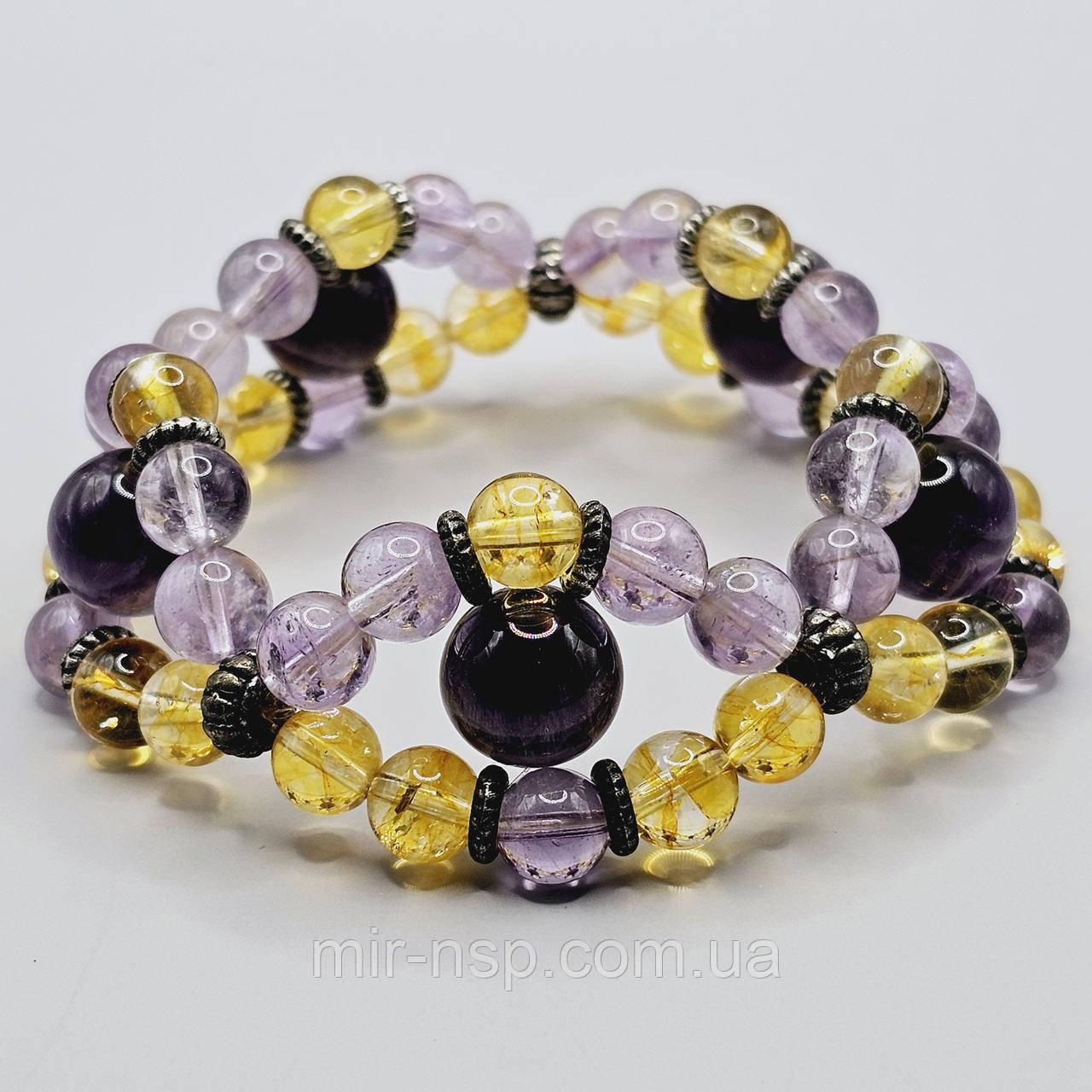 Браслет 100% натуральный аметист и цитрин 8 мм вес 56г размер 20, фото 1